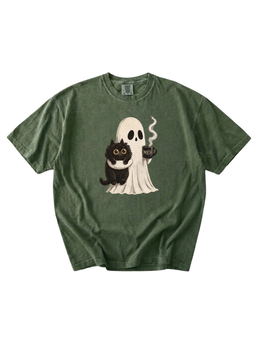 Comfort colors Moss Green Cat & Ghost Graphic Tee